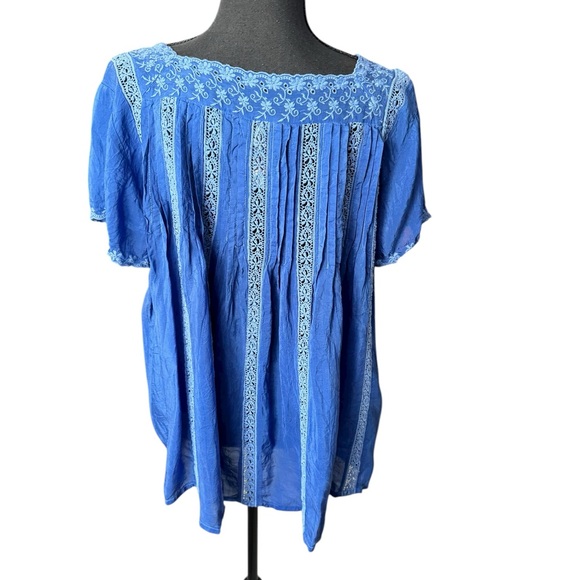 Johnny Was Brigita Embroidered Lace Pintuck Boho Blouse Blue Size L P25 - Picture 5 of 9